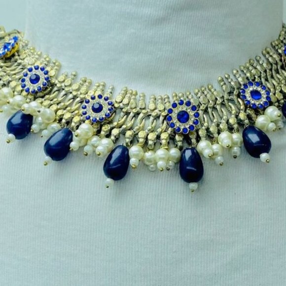 Silver Kuchi Jewelry Set With Blue Glass Stones, Vintage Boho Kuchi Handmade Tri - Picture 3 of 15